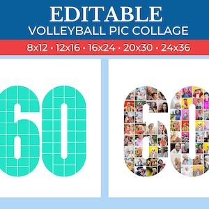 May include: A digital collage template featuring the number 60, made up of squares, with a turquoise outline. The number 60 is shown twice, once with a grid pattern and once with a collage of photos.