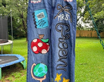 Custom Hand-Painted Teacher Jeans | Personalized School Spirit