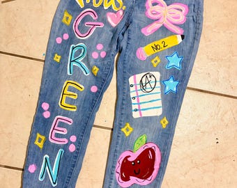 Custom Hand-Painted Teacher Jeans | Personalized School Spirit Denim | Senior Jeans | Back to School Jeans | Graduation Jeans