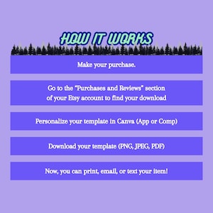 May include: A purple background with a black and white forest silhouette at the top. The text "HOW IT WORKS" is in blue and green letters. Five blue buttons with white text explain how to purchase and download a digital template. The buttons read: "Make your purchase", "Go to the "Purchases and Reviews" section of your Etsy account to find your download", "Personalize your template in Canva (App or Comp)", "Download your template (PNG, JPEG, PDF)", and "Now, you can print, email, or text your item!"