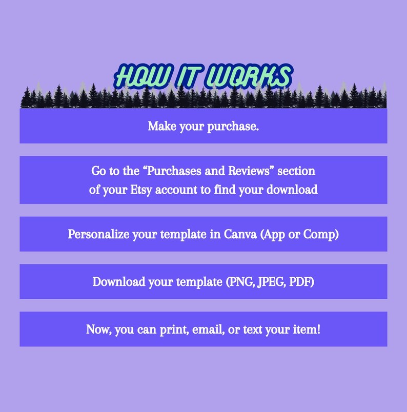 May include: A purple background with a black and white forest silhouette at the top. The text "HOW IT WORKS" is in blue and green letters. Five blue buttons with white text explain how to purchase and download a digital template. The buttons read: "Make your purchase", "Go to the "Purchases and Reviews" section of your Etsy account to find your download", "Personalize your template in Canva (App or Comp)", "Download your template (PNG, JPEG, PDF)", and "Now, you can print, email, or text your item!"