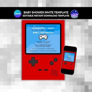 Gamer Baby Shower Invite, Gamer Invitation, Nerdy Baby Shower Invitation, Retro Video Game Invite, Geek Invitation Template