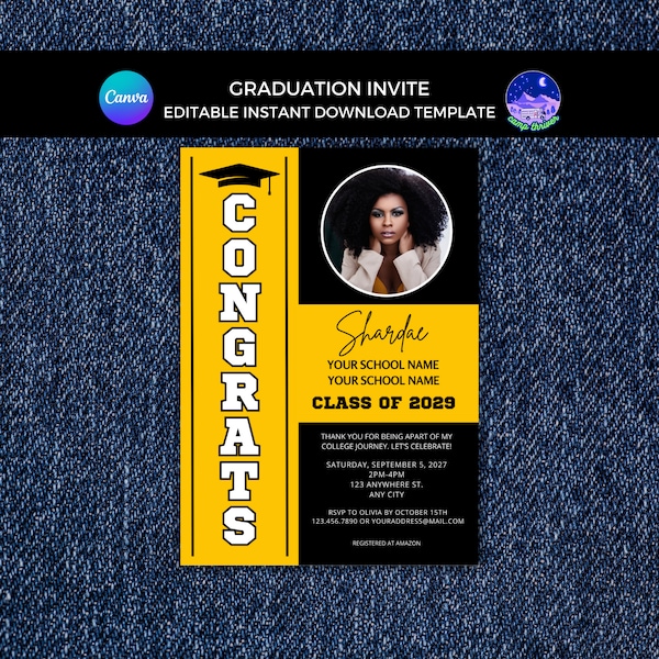 College Graduation Invitation, HBCU College Grad Invite, Black and Yellow Graduation Invite, Printable Graduation Template, Canva Template,