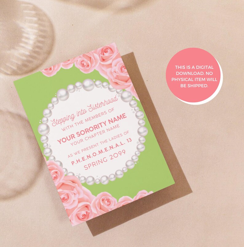 Peut inclure: Une carte imprimable verte et blanche avec des roses roses et un motif de collier de perles. Le texte indique "Stepping into Sisterhood with the members of YOUR SORORITY NAME YOUR CHAPTER NAME AS WE PRESENT THE LADIES OF P.H.E.N.O.M.E.N.A.I. 13 SPRING 2099".