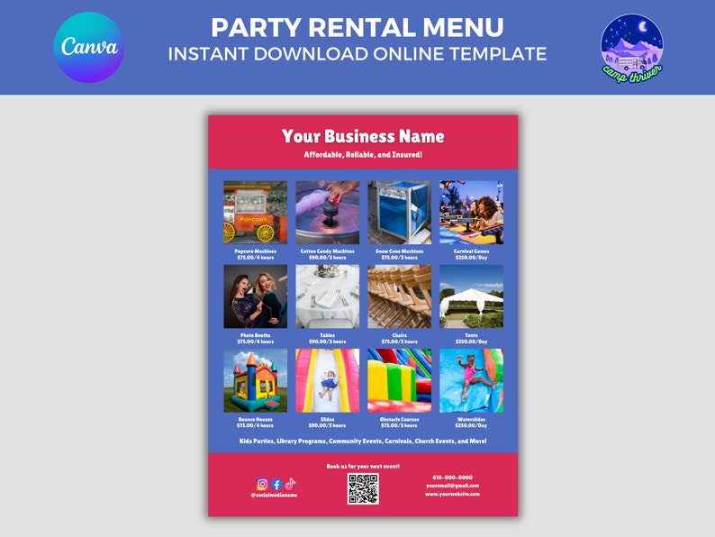 Kids Party Rental Flyer: Bounce House Menu Template (digital Download ...