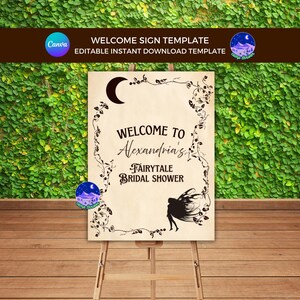 Puede incluir: Un letrero de bienvenida de madera sobre un caballete con el texto "WELCOME TO Alexandria's FAIRYTALE BRIDAL SHOWER". El letrero tiene una luna creciente negra y un diseño floral. El letrero es una plantilla para descarga instantánea.