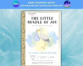 Baby showeruitnodiging klein gouden boekje: ooievaarsontwerp (digitale download)