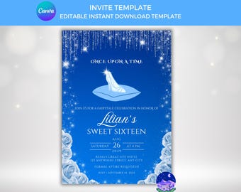 Cinderella Sweet Sixteen Invitation: Blue Fairytale Princess (Canva Template)
