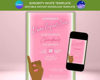 May include: Pink and green sorority party invitation with the text "Experience Pearl-fection as we celebrate Chardae's 30th Birthday!"  The invitation includes the date, time, and location of the party.  It also includes a phone screen with a similar design.