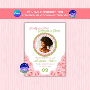 Sorority Sign Template: 8.5x11 Sorority Decor, Pink, Green Pearl Invite (Canva Digital Download)
