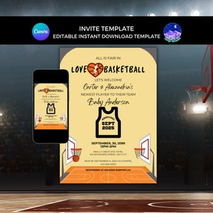 Liebe und Basketball-Babypartyeinladung, Film sparen das Datum, bearbeitbare Liebe & Basketball einladen, Canva-Babypartyvorlage