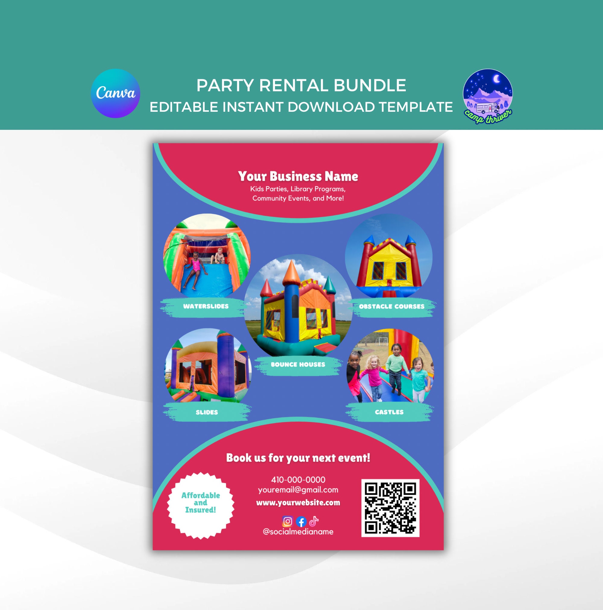 Volantino noleggio feste per bambini: castello gonfiabile, scivoli d'acqua, gonfiabili (download digitale)