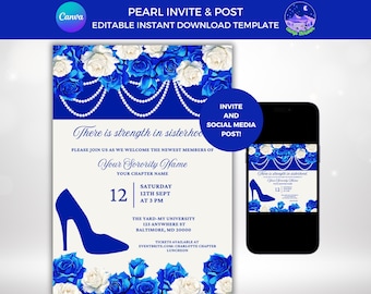 May include: A blue and white sorority invite with a pearl necklace design and a high heel shoe graphic. The text reads "There is strength in sisterhood. Please join us as we welcome the newest members of Your Sorority Name. Your Chapter Name. Saturday 12th Sept at 3 PM. The Yard-My University 123 Anywhere St Baltimore, MD 20000. Tickets available at Eventbrite.com: Charlotte Chapter Luncheon."