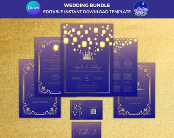 Lantern Wedding Invitation, Fairytale Wedding Invitation, Princess Wedding Template Bundle, Rapunzel Canva Wedding Invite, Lantern Invite