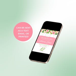 May include: A pink and white digital invitation with a floral design and pearl accents. The text reads "Your Sweet Sixteen" and "Victoria Grace". The number 12 is highlighted in green.