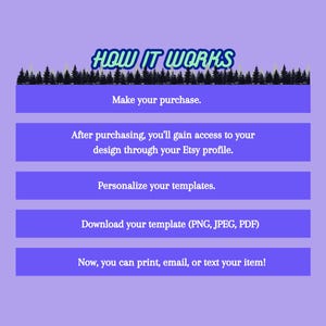 May include: A purple background with a black banner at the top that says "HOW IT WORKS" in green and blue letters. Below the banner are five blue buttons with white text that explain how to purchase and download a digital template. The buttons read: "Make your purchase", "After purchasing, you'll gain access to your design through your Etsy profile", "Personalise your templates", "Download your template (PNG, JPEG, PDF)", and "Now, you can print, email, or text your item!"
