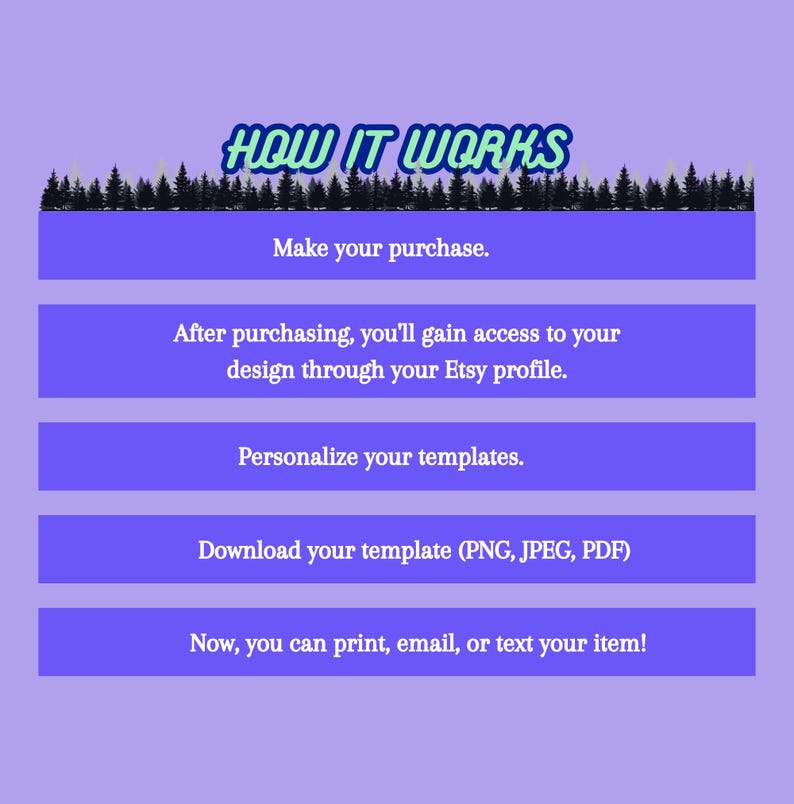 May include: A purple background with a black banner at the top that says "HOW IT WORKS" in green and blue letters. Below the banner are five blue buttons with white text that explain how to purchase and download a digital template. The buttons read: "Make your purchase", "After purchasing, you'll gain access to your design through your Etsy profile", "Personalise your templates", "Download your template (PNG, JPEG, PDF)", and "Now, you can print, email, or text your item!"