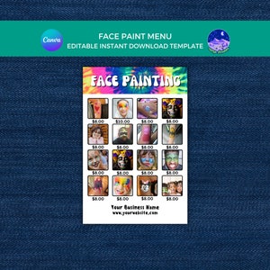 Face Painting Sign, Face Painting Sign Template, Face Paint Price List, Face Paint Menu, Face Paint Chart, Face Paint Sign, Face Paint Board