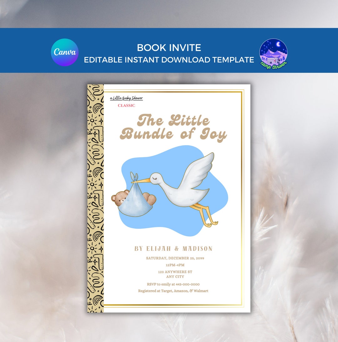 Storks Storybook Storybook Baby Shower Invitation: Little Golden Stork Design (digital ...