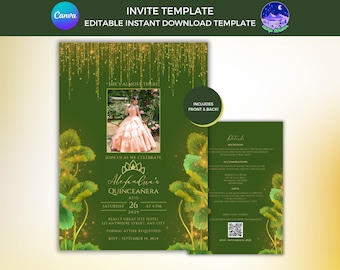 May include: A green and gold quinceañera invitation template featuring a photograph of a young woman in a peach dress. The invitation text reads "Join us as we celebrate Alejandra's Quinceañera" and includes the date, time, and location of the event. The reverse of the invitation provides details about the reception, accommodation, and gifts.