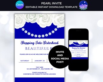 Sorority Probate Invitation: Royal Blue, White, and Pearl (Digital Template)