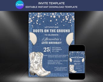 Western Bachelorette Invitation: Last Rodeo, Boots on the Ground (Digital Template, Canva)