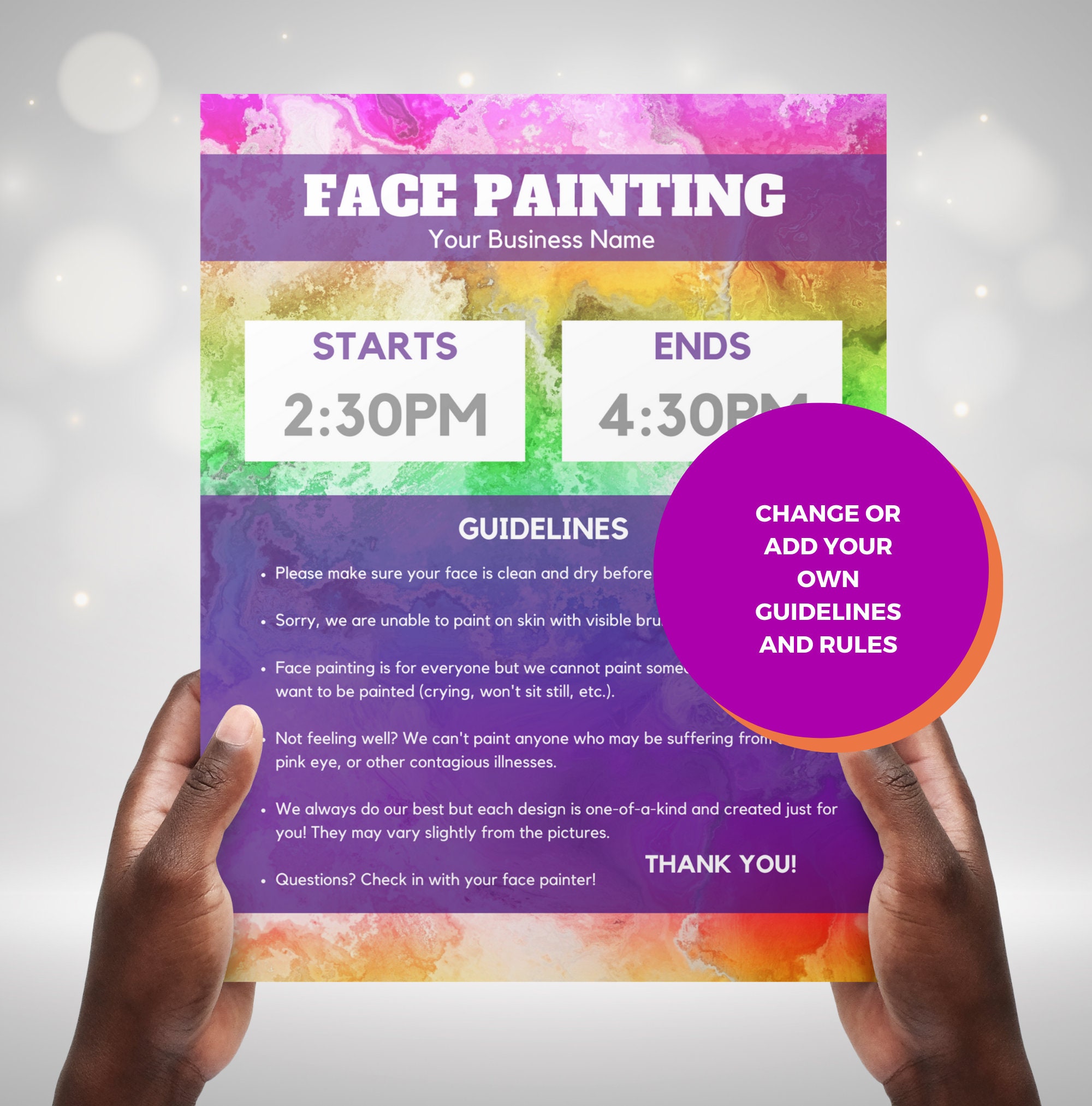 Face Painting Rules, Face Painting Sign, Face Paint Flyer Template