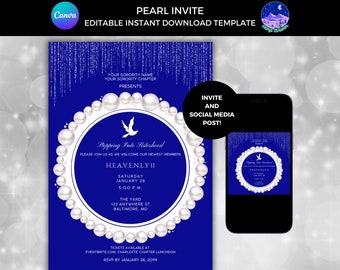 May include: A digital invitation template with a royal blue background and a pearl border. The text reads "PEARL INVITE" and includes event details such as date, time, and location. A smartphone displays the invitation. The Canva logo is visible.