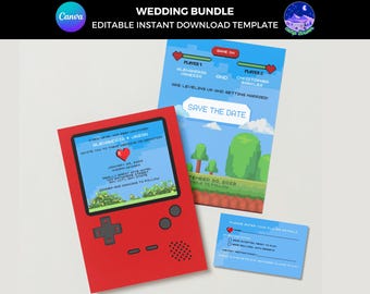 レトロビデオゲーム風結婚式招待状：オタクゲーマー向け招待状（デジタルテンプレート）