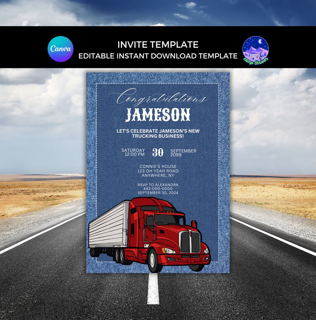 Trucking Business Invitation: Editable Trucker Party Invite (canva ...