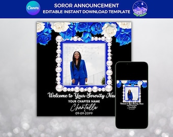 May include: A sorority announcement template with a blue and white floral design. The template features a photo frame with a pearl border and a space for a photo. The text "Welcome to Your Sorority Name" is at the bottom of the template, along with a space for the sorority chapter name and the date.