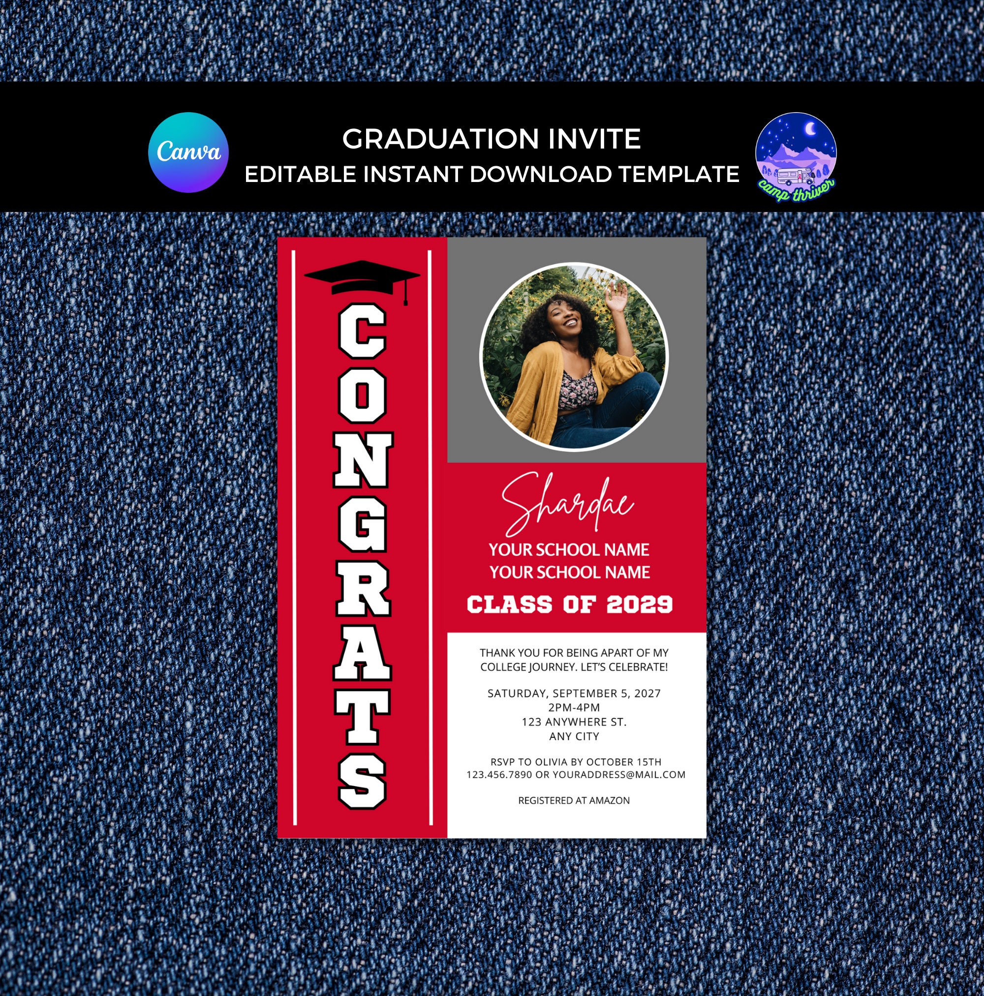 HBCU Invitation, Gray and Red Graduation Invite, Editable Graduation