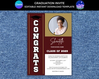 Könnte beinhalten: Eine rotbraune und goldene Graduationseinladung mit einem Foto einer Frau in einem Kreis. Der Text lautet "CONGRATS Shantelle YOUR SCHOOL NAME CLASS OF 2029".