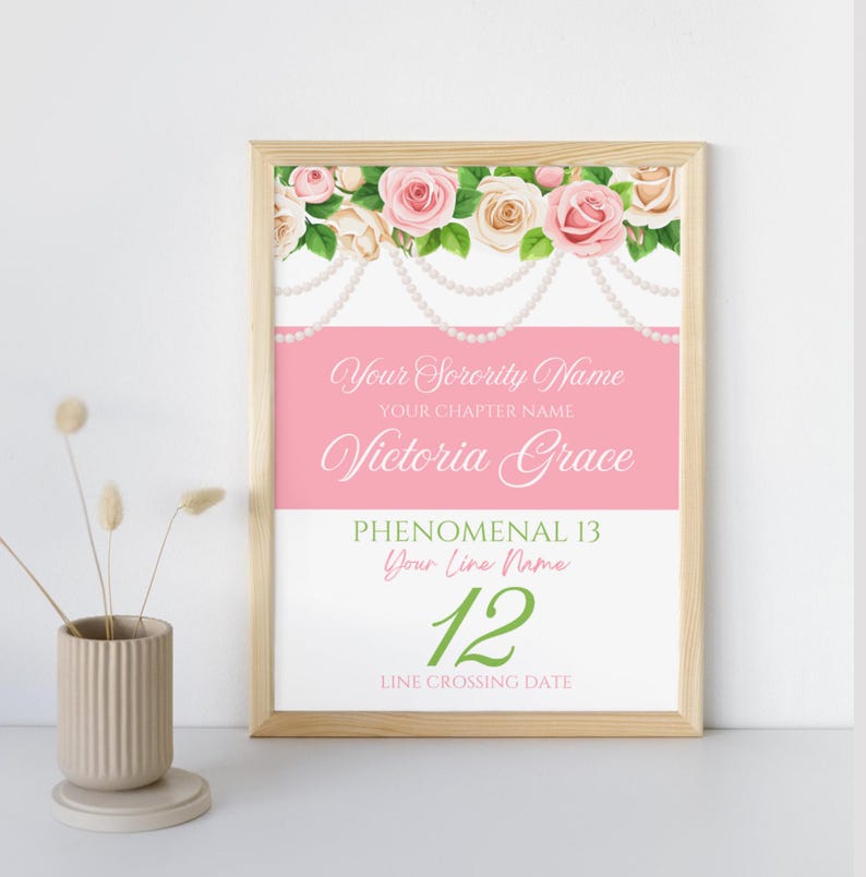 May include: A pink and white printable sign with a floral border and pearl garland. The text reads "Your Sorority Name", "Your Chapter Name", "Victoria Grace", "Phenomenal 13", "Your Line Name", "12", and "Line Crossing Date".