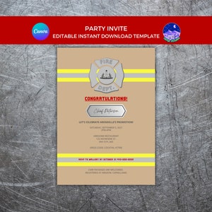 May include: A tan-coloured party invitation with a yellow and grey stripe across the top. The invitation features a silver firefighter badge with the words "FIRE DEPT." and a red banner with the text "CONGRATULATIONS!"  The text "Chief Peterson" is written in a silver oval. The invitation includes the text "LET'S CELEBRATE ARENDELLE'S PROMOTION!" and details for the event, including the date, time, location, and dress code. The invitation also includes the text "RSVP to Mallory by October 31 443-000-0000" and "CARE PACKAGES ARE WELCOMED REGISTERED AT AMAZON CAPWILLIAMS".