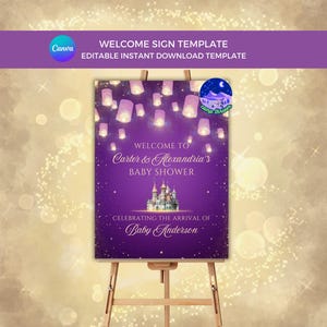 May include: Purple welcome sign with a castle and lanterns, text reads "Welcome to Carter & Alexandria's Baby Shower Celebrating the arrival of Baby Anderson"