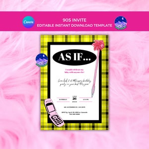 90s Birthday Party Invitation, Clueless Birthday Invite, 90s Invitation, Clueless Invite Template, 90s Party Invite, Digital Birthday Invite