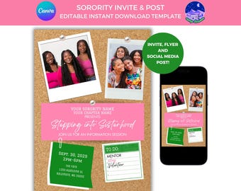 May include: A digital sorority invite and post template. The design features a corkboard with photos of women, pink text that reads "Stepping into Sisterhood", and a smartphone displaying the same design. Includes the text "Invite, Flyer and Social Media Post!"