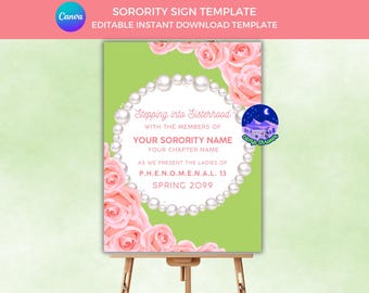 Panneau de bienvenue de la sororité : affiche d'entrée rose et verte (téléchargement numérique)
