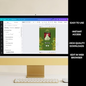May include: A computer screen displaying a green and gold digital invitation with a princess in a white dress. The invitation is for a quincea&ntilde;era. The text on the screen reads "Quincea&ntilde;era". The computer screen is on a desk with a keyboard in front of it.