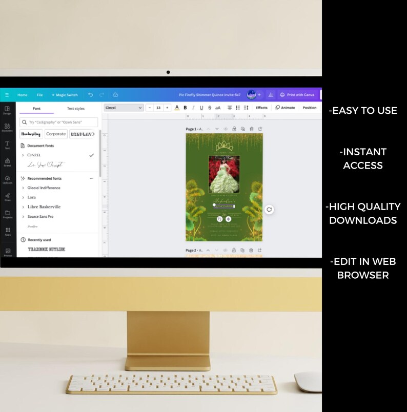 May include: A computer screen displaying a green and gold digital invitation with a princess in a white dress. The invitation is for a quincea&ntilde;era. The text on the screen reads "Quincea&ntilde;era". The computer screen is on a desk with a keyboard in front of it.
