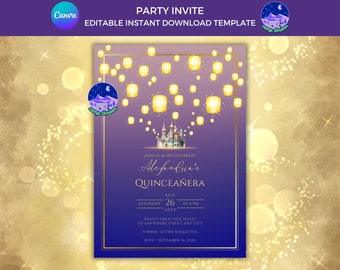 Lantern Quinceanera Invitation, Fairytale Wedding Invitation, Princess Quinceanera Bundle, Rapunzel Canva Invitation, Lantern Invitation