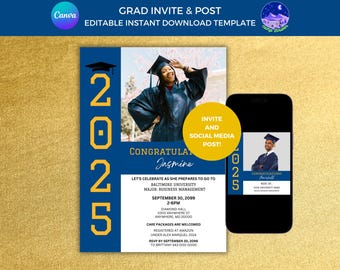 Könnte beinhalten: Eine digitale Abschlussfeier-Einladungsvorlage in Blau und Gold. Das Design zeigt das Jahr 2025, ein Foto eines Absolventen und die Veranstaltungsdetails. Ein Smartphone zeigt einen passenden Social-Media-Beitrag.