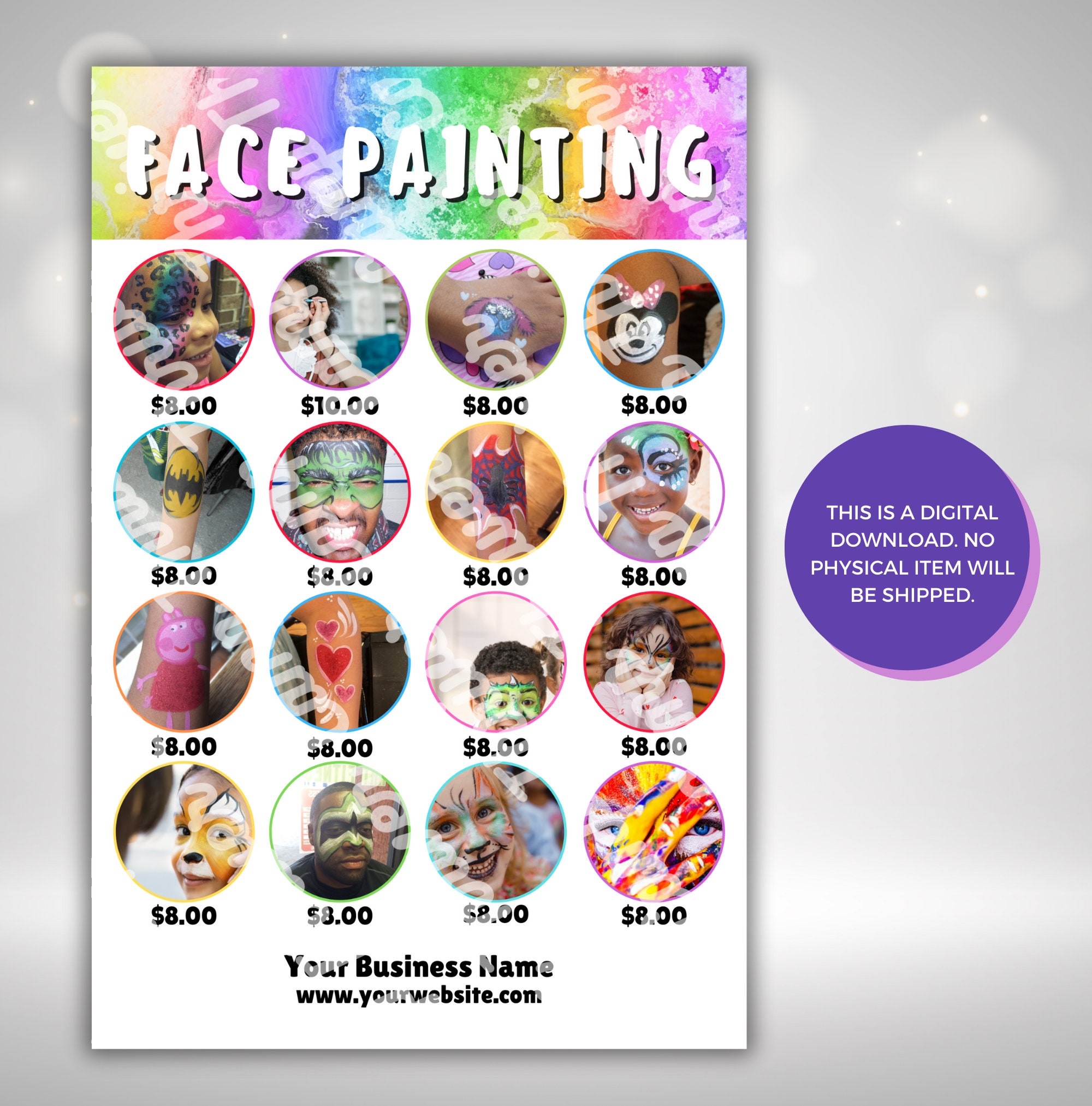 Face Paint Sign Template, Face Painter Price List, Face Painting Price