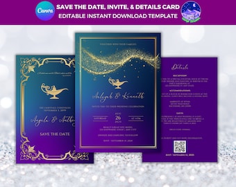 Aladdin Wedding Invitation, Fairytale Wedding Invitation, Princess Wedding Bundle, Princess Quinceanera Invite, Royal Wedding Canva Template