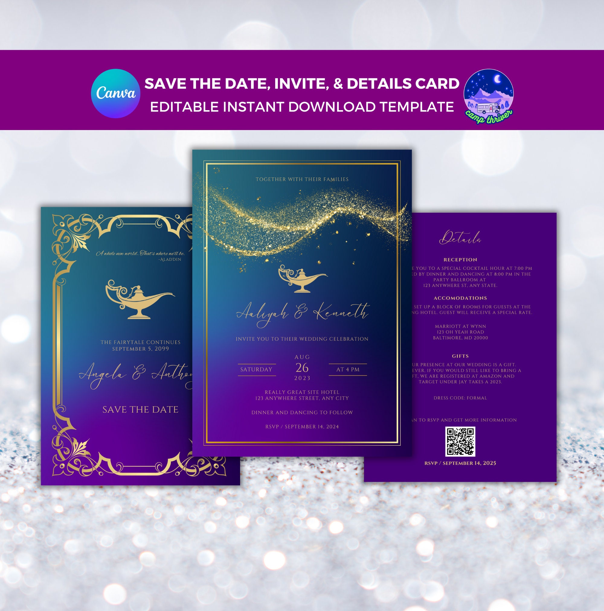 Aladdin Wedding Invitation Template: Royal Fairytale Princess Design ...