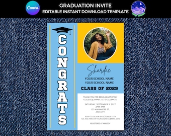 Könnte beinhalten: Eine blaue und gelbe Graduationseinladung mit einem Foto einer Frau in einem gelben Shirt. Der Text lautet "CONGRATS Shardae YOUR SCHOOL NAME YOUR SCHOOL NAME CLASS OF 2029".