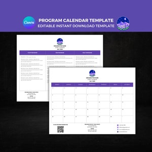 May include: A printable program calendar template with a purple and white color scheme. The template includes a calendar for July 2023, a section for youth programs, a section for teen programs, and a section for adult programs. The template also includes a logo with a cartoon image of a camper van and a starry night sky.