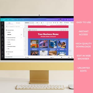 May include: A computer screen displaying a website for creating marketing materials. The website has a pink and blue colour scheme and features a template for a business card. The text on the screen reads "Your Business Name" and "Affordable, Reliable, and Insured!"