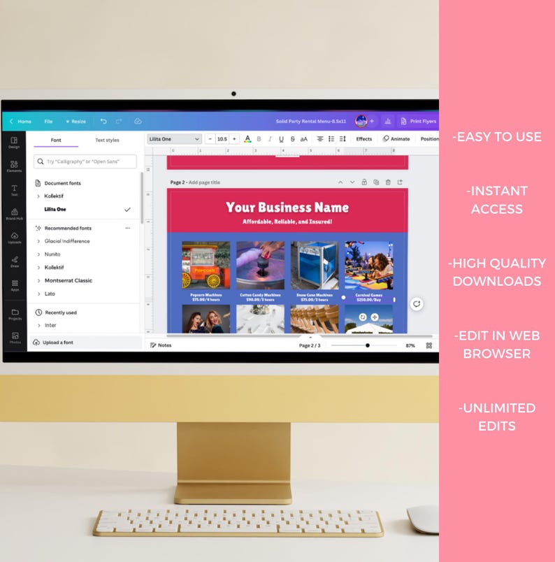 May include: A computer screen displaying a website for creating marketing materials. The website has a pink and blue colour scheme and features a template for a business card. The text on the screen reads "Your Business Name" and "Affordable, Reliable, and Insured!"